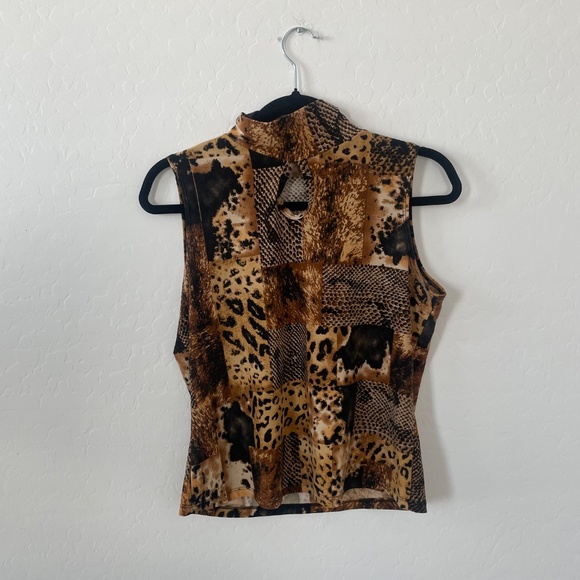 Mock Neck Turtleneck Cutout Leopard Cheetah Cat Animal Print Trendy Chic Blouse - Picture 4 of 4